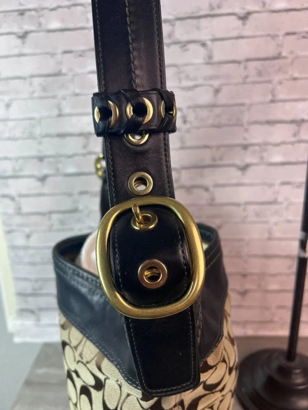 Coach 11437 Bleecker Brown Canvas Black Leather Bucket Crossbody